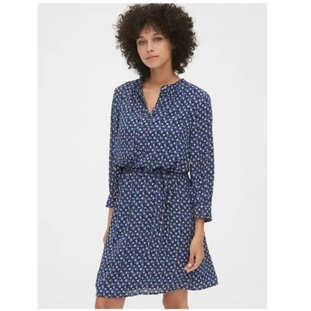 Gap Drapey Blue Floral Shirt Mini Dress SZ XS
